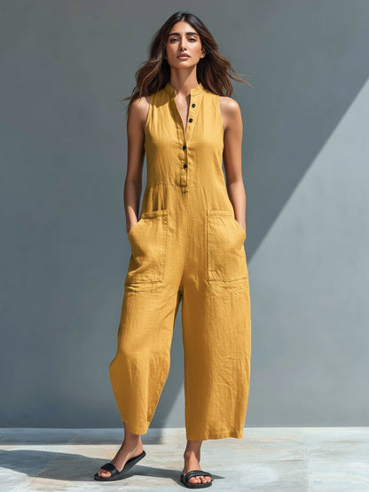 Chloe | Stand Collar Button Up Sleeveless Wide Leg Linen Blend Jumpsuit