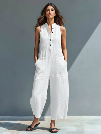Chloe | Stand Collar Button Up Sleeveless Wide Leg Linen Blend Jumpsuit