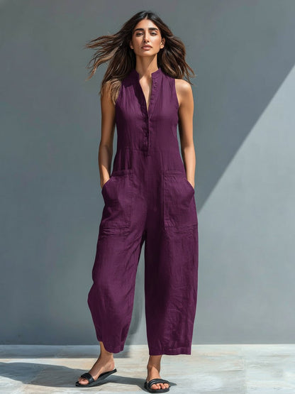 Chloe | Stand Collar Button Up Sleeveless Wide Leg Linen Blend Jumpsuit