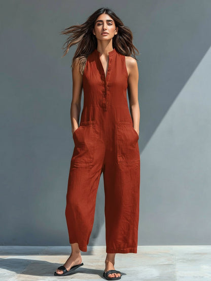 Chloe | Stand Collar Button Up Sleeveless Wide Leg Linen Blend Jumpsuit