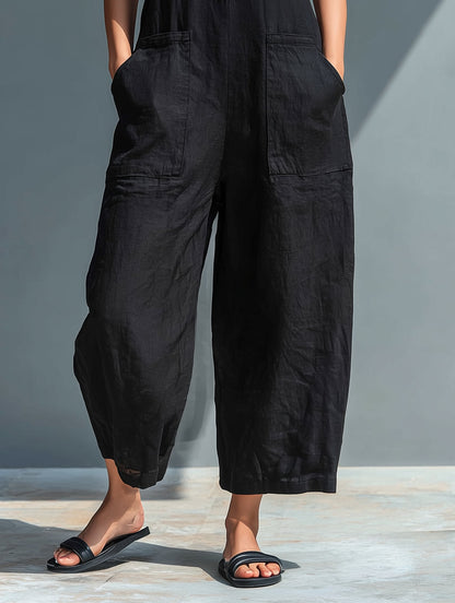 Chloe | Stand Collar Button Up Sleeveless Wide Leg Linen Blend Jumpsuit