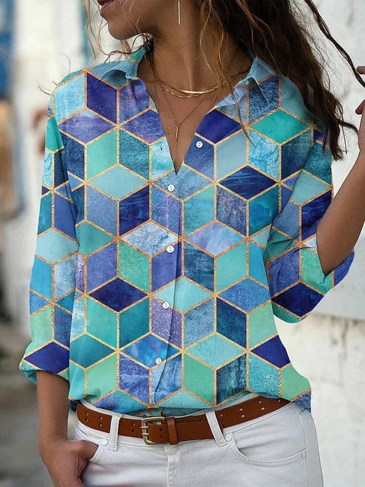 Keira | Geometric Print V Neck Button Down Long Sleeve Casual Blouse
