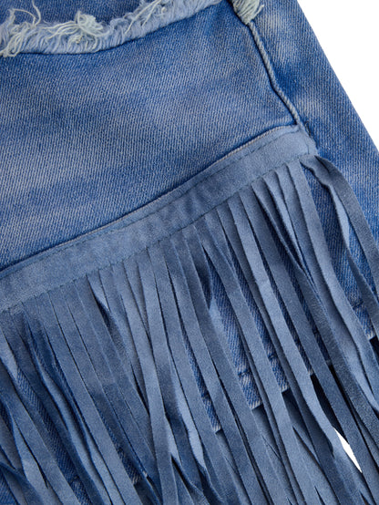 Kiera | Denim High Waist Raw Edge Pocket Fringe Hem Mini Skirt