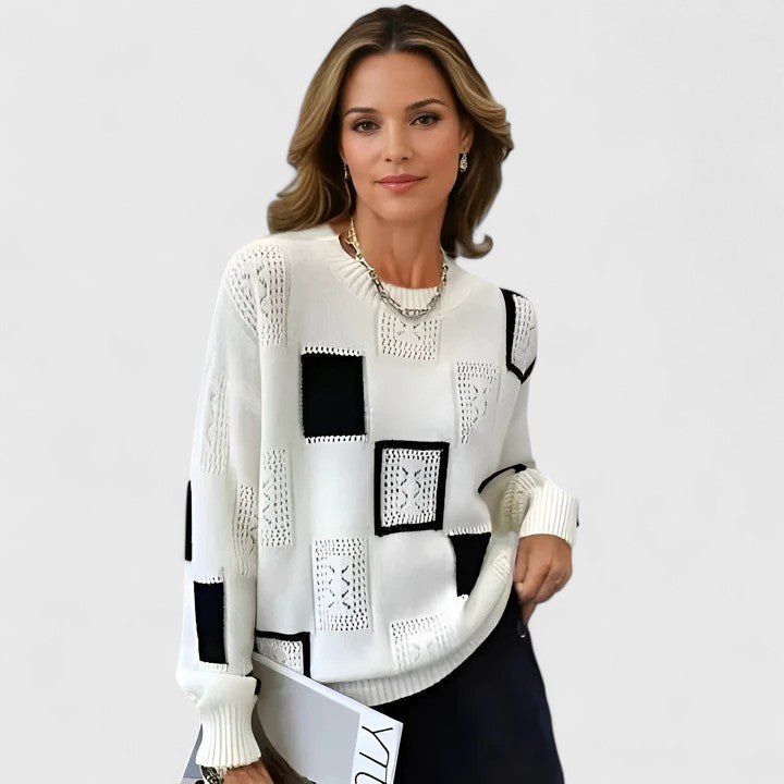Elowa | Women's Knit Geometric Pattern Round Neck Sweater
