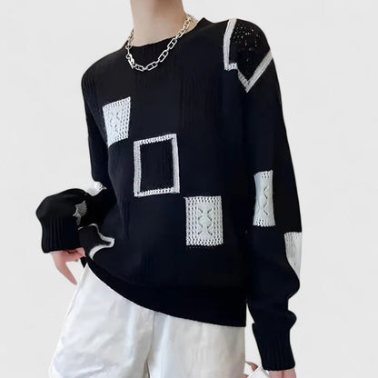 Elowa | Women's Knit Geometric Pattern Round Neck Sweater