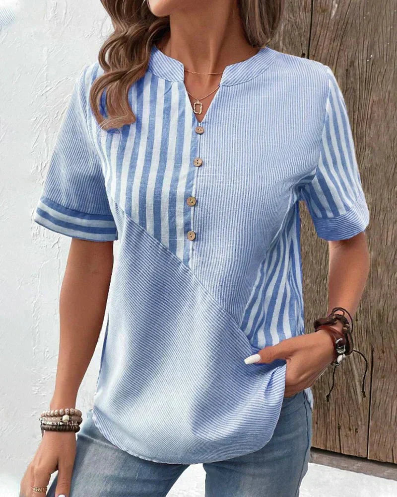 Monroe | Short Sleeve Striped Colorblock Stand Collar Relaxed Top
