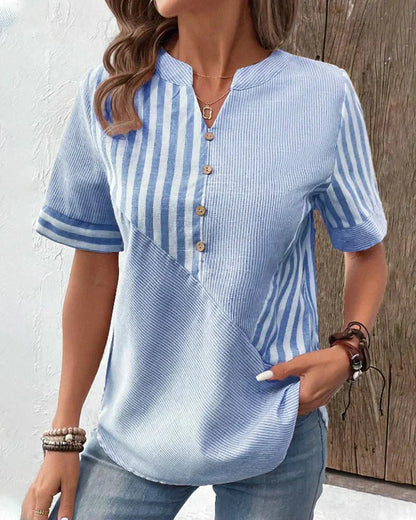 Monroe | Short Sleeve Striped Colorblock Stand Collar Relaxed Top
