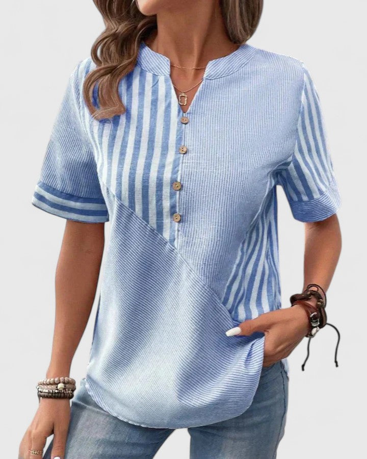 Gigi | Short Sleeve Striped Colorblock Stand Collar Casual Blouse