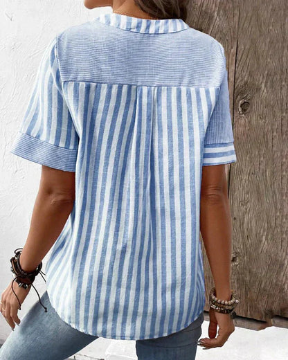 Monroe | Short Sleeve Striped Colorblock Stand Collar Relaxed Top