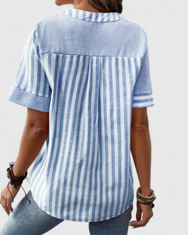 Gigi | Short Sleeve Striped Colorblock Stand Collar Casual Blouse