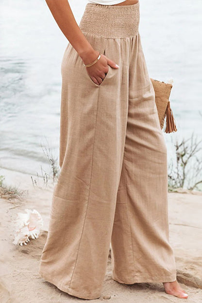 Sophia | Smocked High Waist Wide Leg Pleated Linen Blend Pants