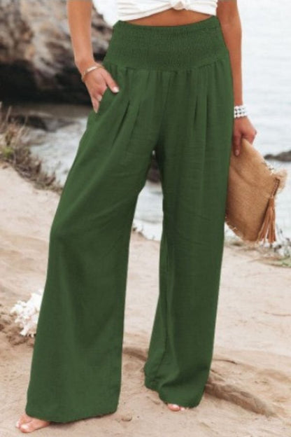 Sophia | Smocked High Waist Wide Leg Pleated Linen Blend Pants