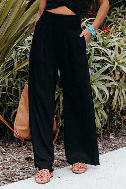 Sophia | Smocked High Waist Wide Leg Pleated Linen Blend Pants