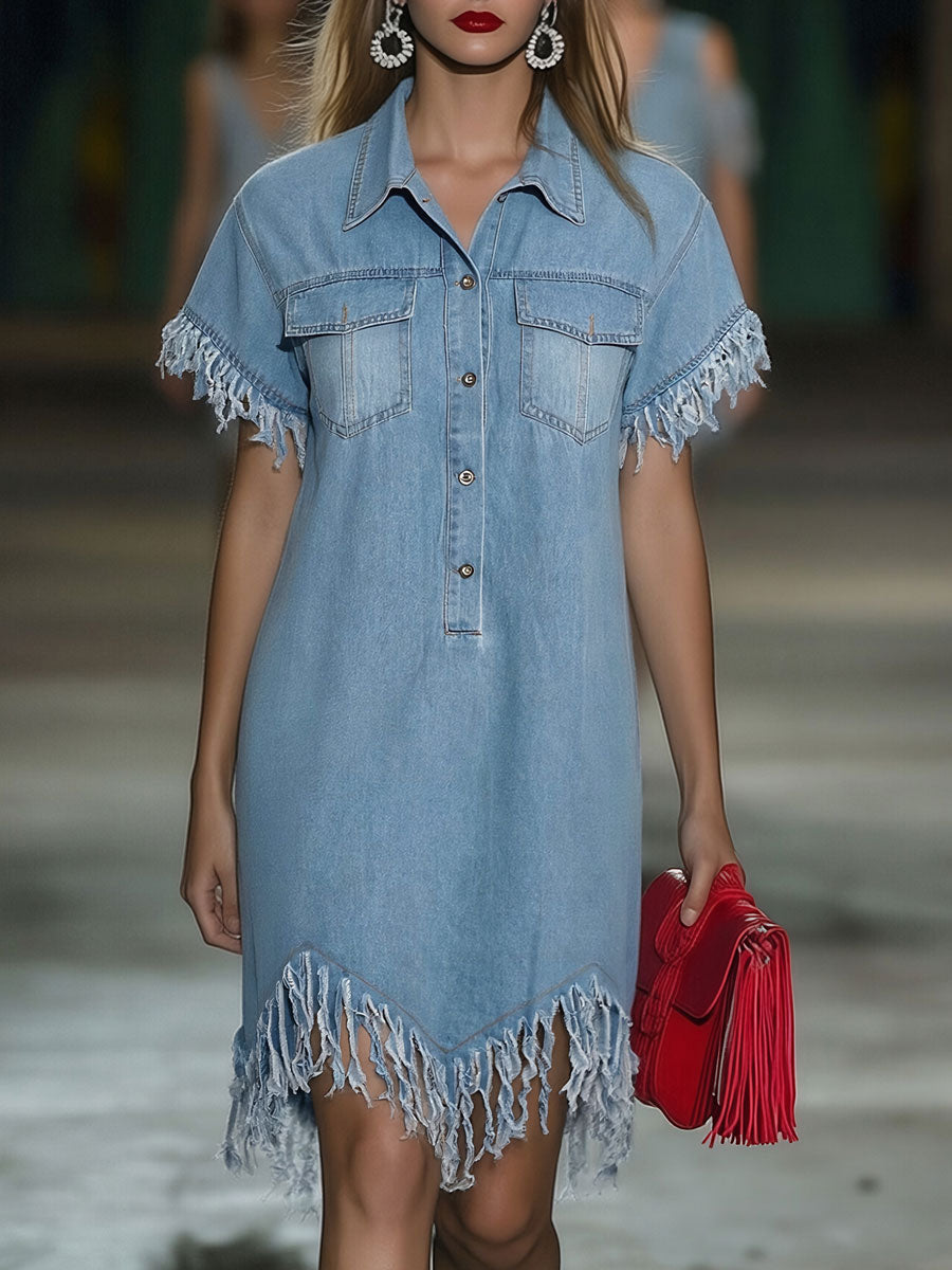 Marisol | Denim Shirt Collar Button Front Short Sleeve Raw Fringe Trim Mini Dress