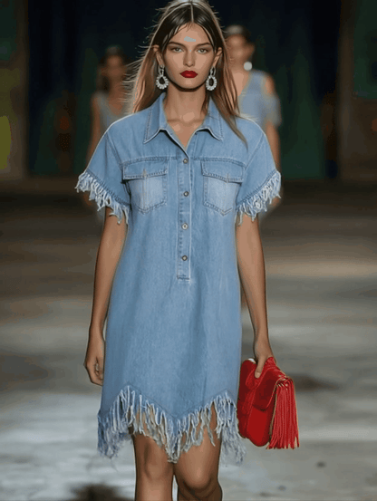 Marisol | Denim Shirt Collar Button Front Short Sleeve Raw Fringe Trim Mini Dress