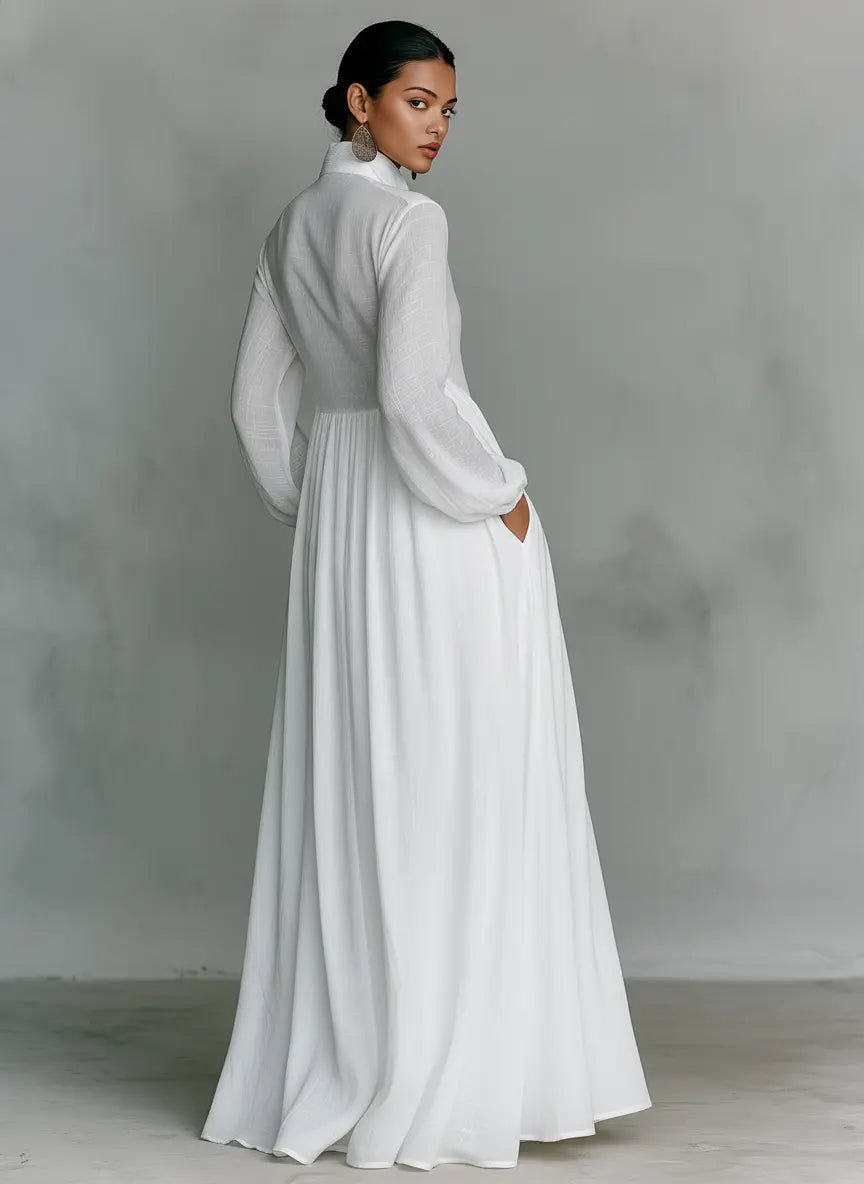 Evelyn | Stand Collar Button Front Long Sleeve Cotton Linen Blend Maxi Dress