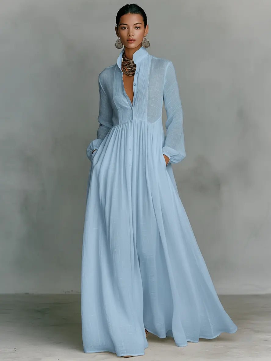 Evelyn | Stand Collar Button Front Long Sleeve Cotton Linen Blend Maxi Dress