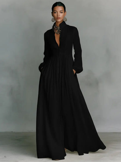 Evelyn | Stand Collar Button Front Long Sleeve Cotton Linen Blend Maxi Dress