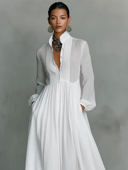 Evelyn | Stand Collar Button Front Long Sleeve Cotton Linen Blend Maxi Dress