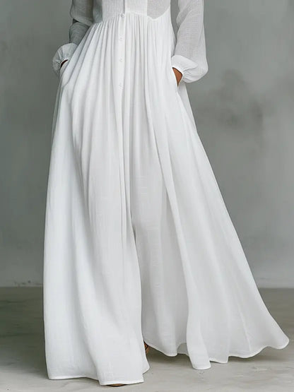 Evelyn | Stand Collar Button Front Long Sleeve Cotton Linen Blend Maxi Dress