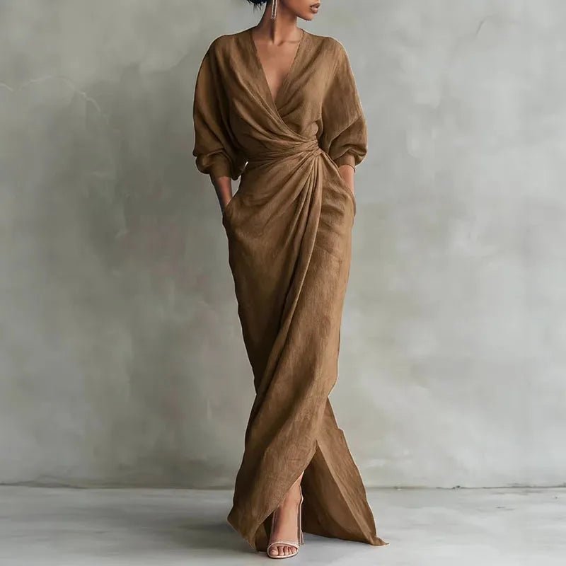 Isabella | Deep V Neck Twist Waist Long Sleeve Bodycon Maxi Dress