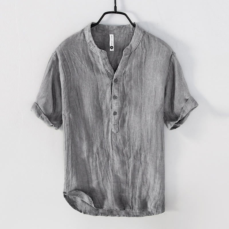 Rylan | Men's Linen Blend Shirt Half Button Stand Collar Short Sleeve