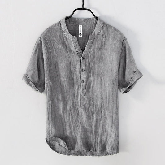 Rylan | Men's Linen Blend Shirt Half Button Stand Collar Short Sleeve