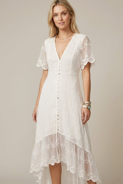 Clara | Lace V Neck Short Sleeve Button Front Maxi Dress