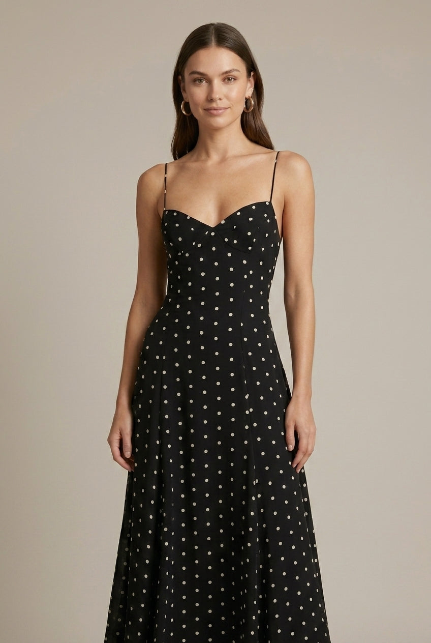 Noelle | Spaghetti Strap Sweetheart Polka Dot Flowing Maxi Wedding Guest Dress