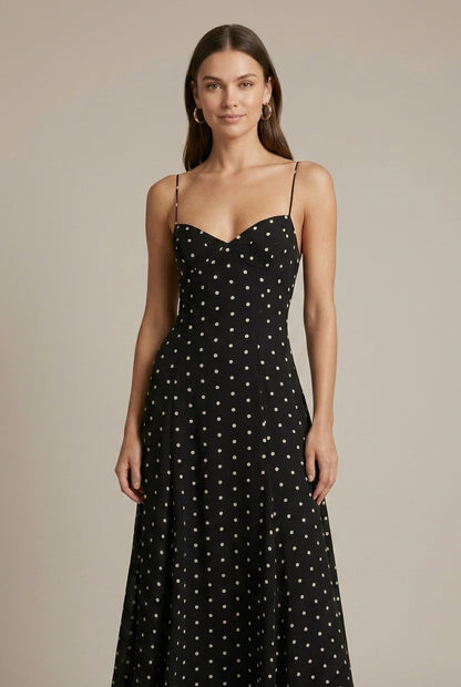 Noelle | Spaghetti Strap Sweetheart Polka Dot Flowing Maxi Wedding Guest Dress