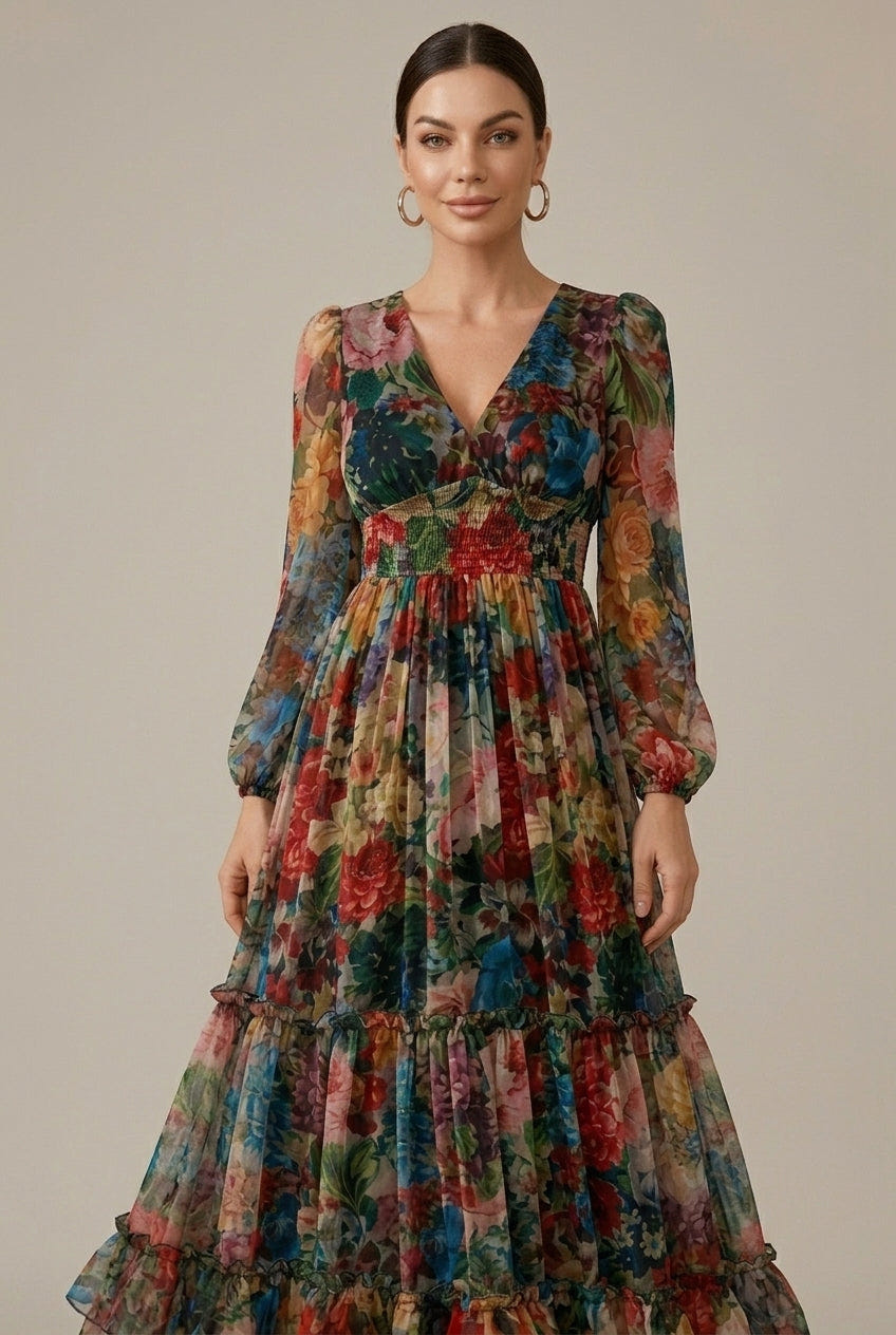 Vera | Floral Long Sleeve V Neck Tiered Ruffle Maxi Dress