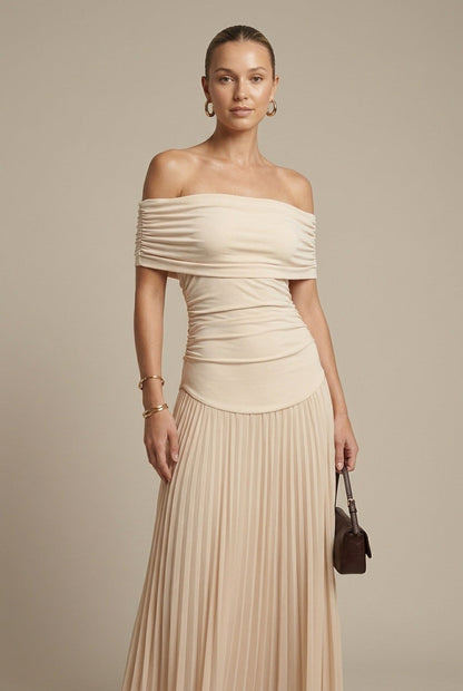Emma | Off Shoulder Ruched Pleated Maxi Wedding Guest Dress