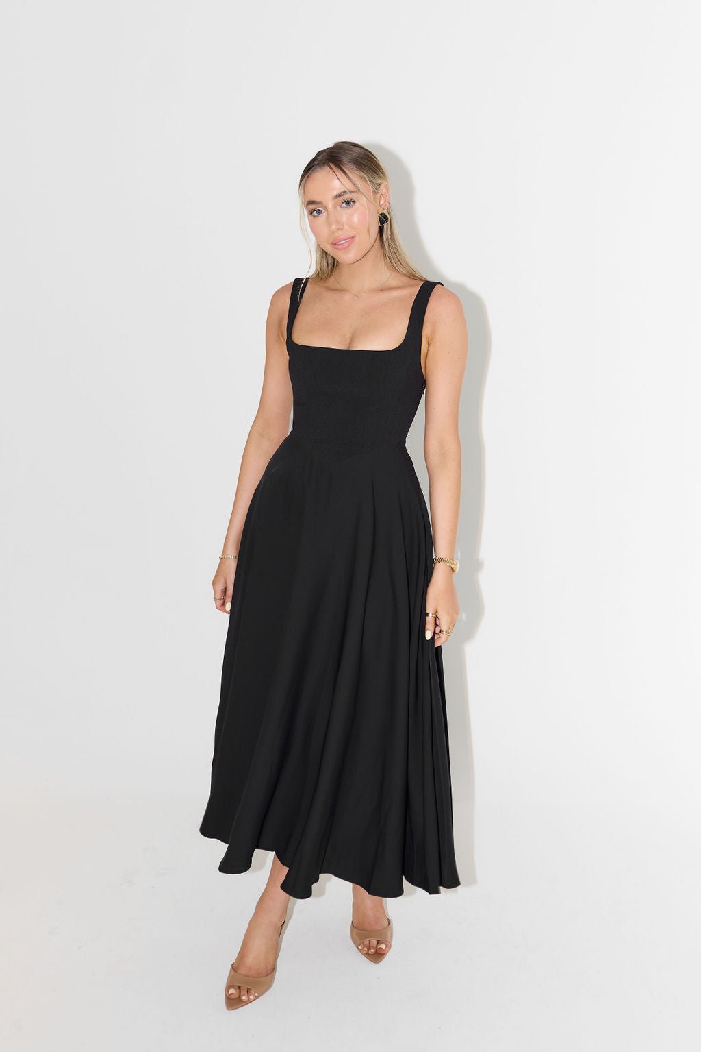 Penelope | Square Neck Sleeveless Pleated A Line Elegant Midi Dress