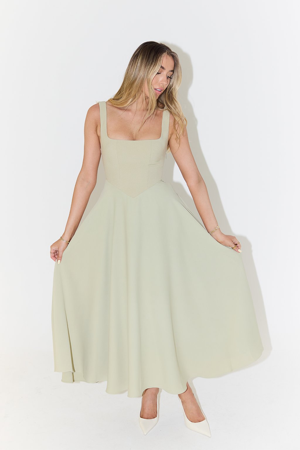 Penelope | Square Neck Sleeveless Pleated A Line Elegant Midi Dress