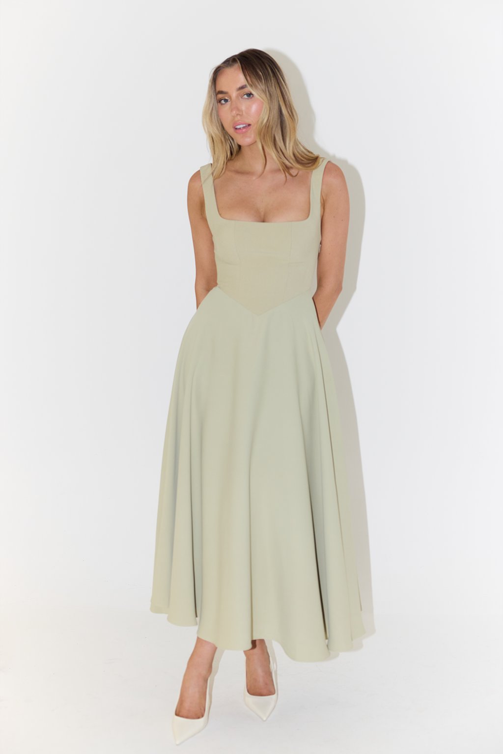 Penelope | Square Neck Sleeveless Pleated A Line Elegant Midi Dress