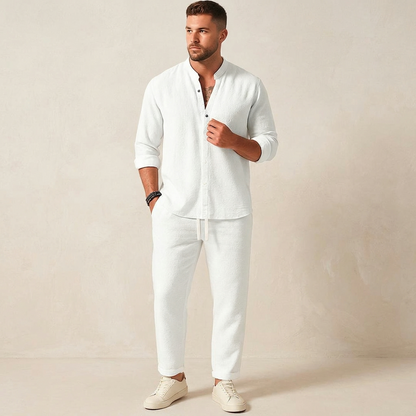 Marco | Band Collar Long Sleeve Shirt Linen Blend Two Piece Set
