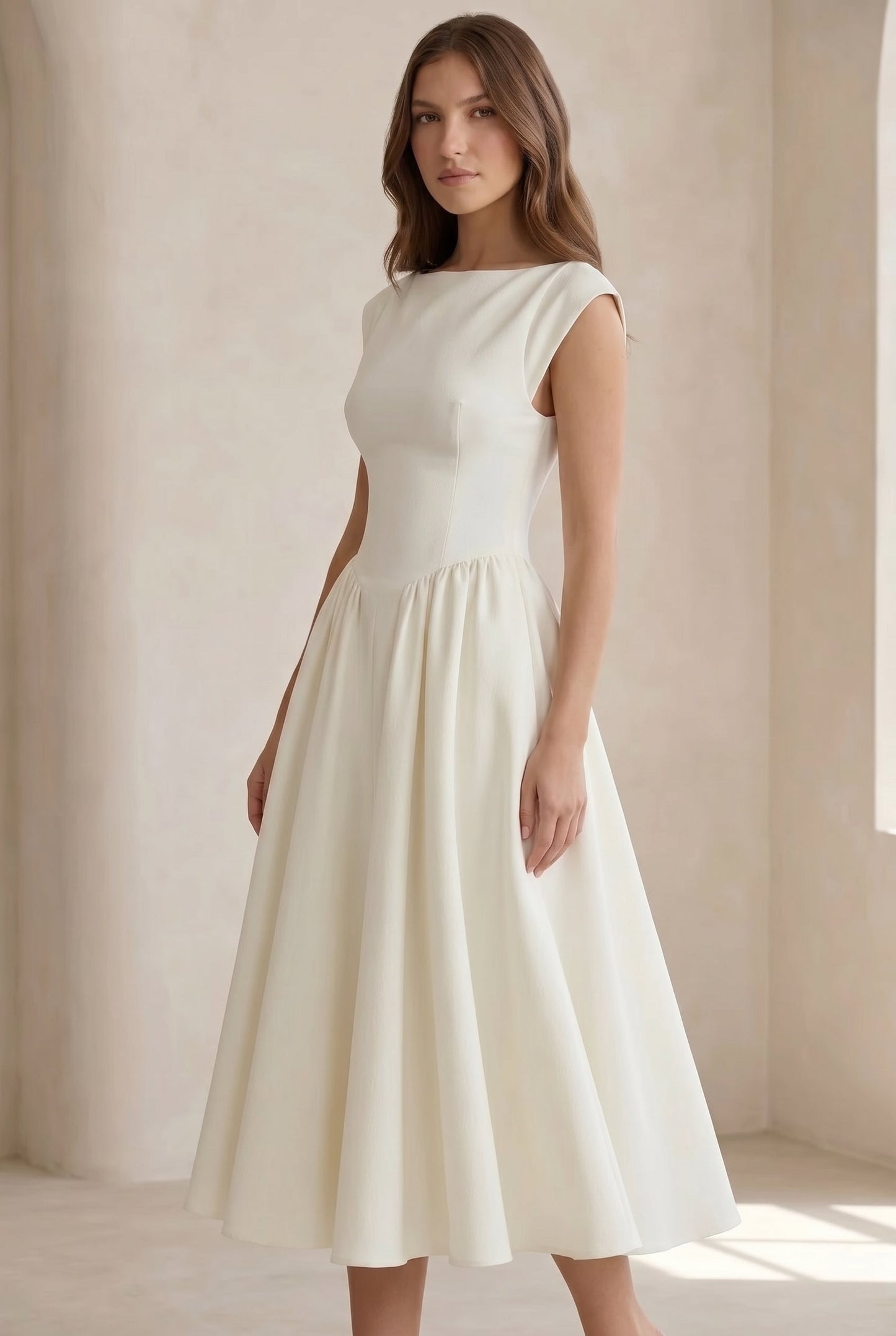 Cirelle | Boat Neck Cap Sleeve Pleated A Line Elegant Midi Dress