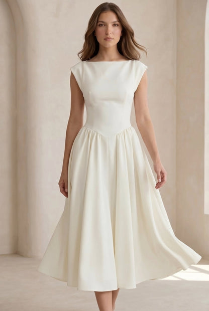 Cirelle | Boat Neck Cap Sleeve Pleated A Line Elegant Midi Dress