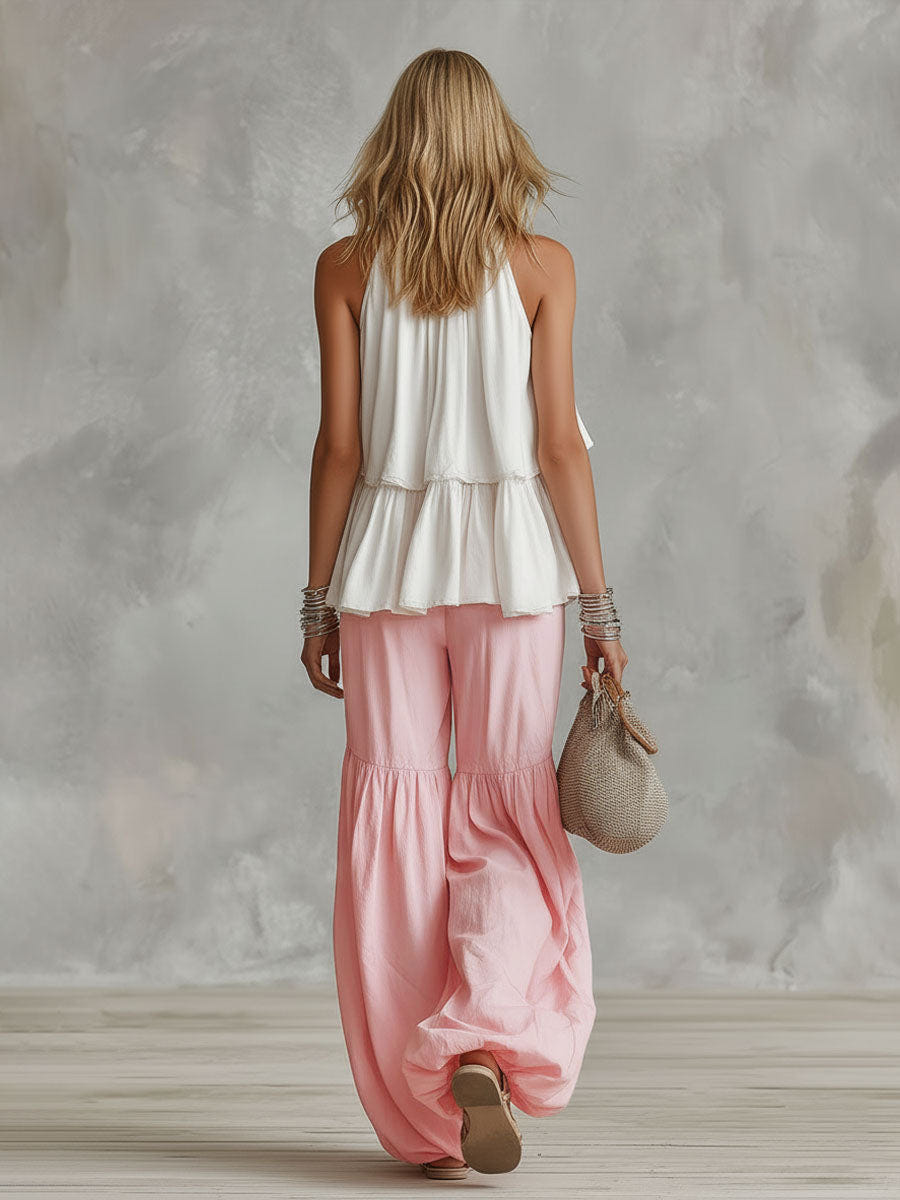 Ophira | Halter Neck Tiered Ruffle Top Ruched Wide Leg Two Piece Set