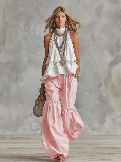 Ophira | Halter Neck Tiered Ruffle Top Ruched Wide Leg Two Piece Set
