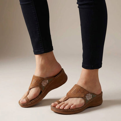 Freya | Wedge Sandals Orthopedic Thong Floral Embroidered