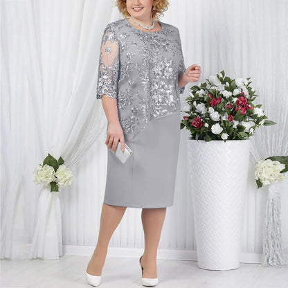 Isabella | Plus Size Lace Floral Embroidered Midi Formal Wedding Guest Dress