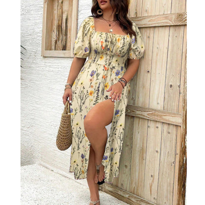 Mia | Plus Size Puff Sleeve Floral Square Neck Midi Dress