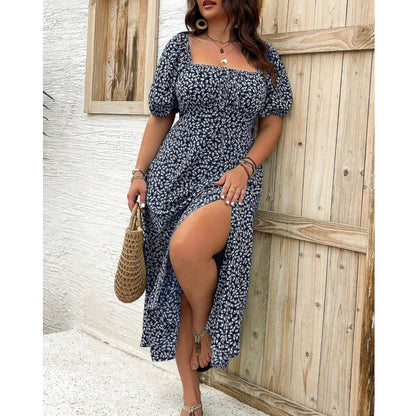 Mia | Plus Size Puff Sleeve Floral Square Neck Midi Dress