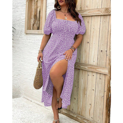 Mia | Plus Size Puff Sleeve Floral Square Neck Midi Dress