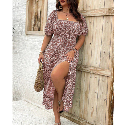 Mia | Plus Size Puff Sleeve Floral Square Neck Midi Dress