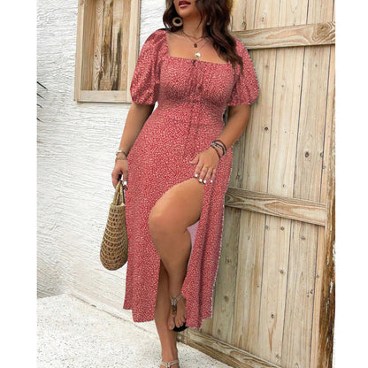 Mia | Plus Size Puff Sleeve Floral Square Neck Midi Dress