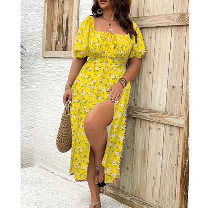 Mia | Plus Size Puff Sleeve Floral Square Neck Midi Dress