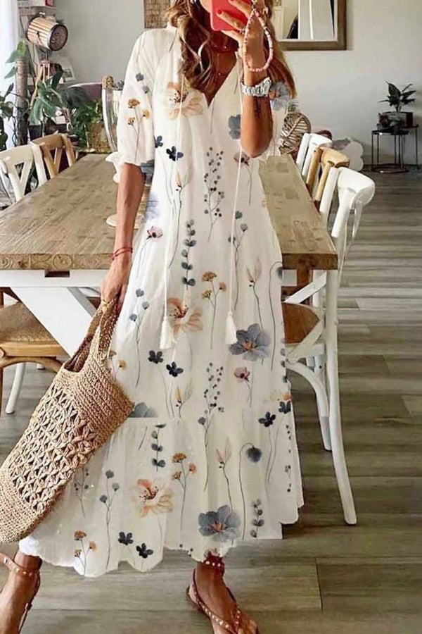 Florence | Long Sleeve V Neck Geometric Print Relaxed Boho Maxi Dress