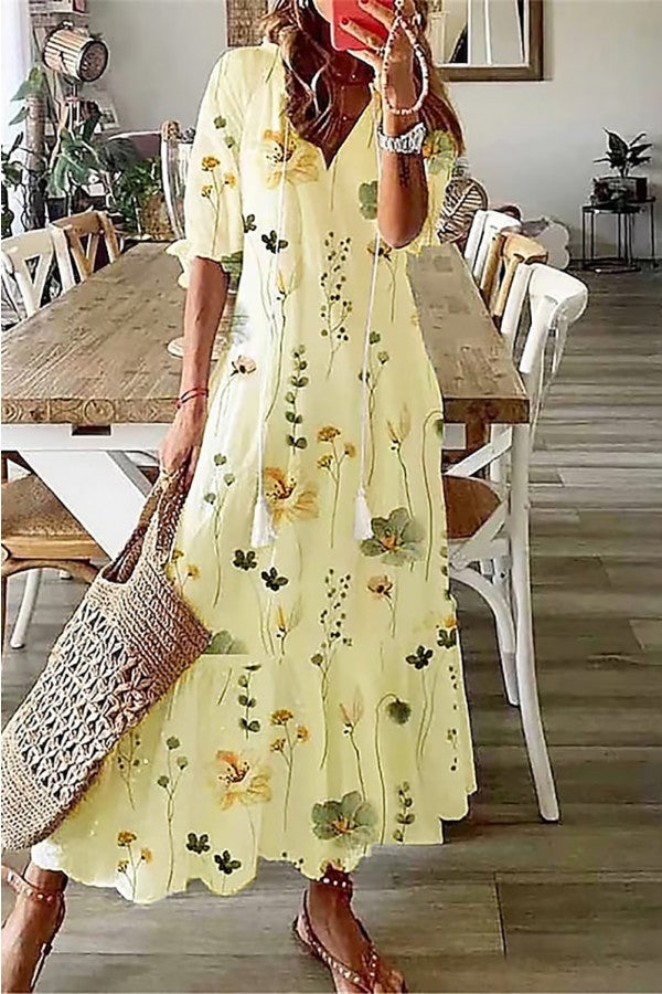 Florence | Long Sleeve V Neck Geometric Print Relaxed Boho Maxi Dress